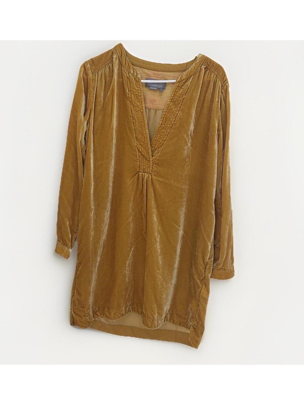 Anthropologie Melody Velvet Tunic Dress Long Sleeve Mustarfd Size XS Above Knee